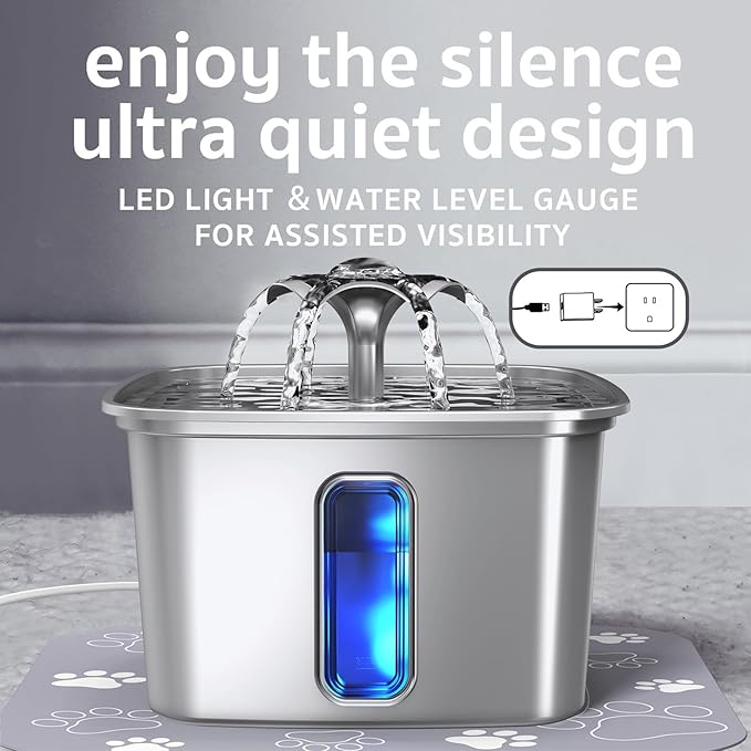 Veken Innovation Award Winner Stainless Steel Cat Water Fountain, 108oz/3.2L Automatic Pet Fountain Dog Water Dispenser with Replacement Filters & Silicone Mat for Cats, Dogs, Multiple Pets (Silver)