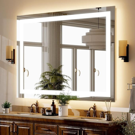 GLSLAND 26"x38" LED Bathroom Mirror with Lights, Dimmable Front and Backlit Vanity Mirrors, Wall Mounted Anti-Fog Lighted Mirror, Horizontal/Vertical Hanging