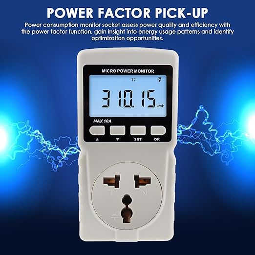 Electricity Monitor, Digital Power Overload Protection LCD Plug in Power Watt Voltage Meter, 8 Display Modes for Energy Saving, Watt Meter Outlet, Energy Consumption Factor, Power Consumption Monitor