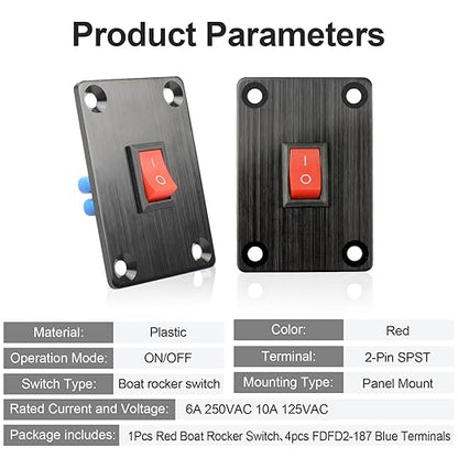 1Pcs Red KCD1 Boat Rocker Switch 2-Position 2-Pin SPST Panel Switch 6A 250VAC 10A 125VAC, with 4pcs FDFD2-187 Blue Terminals, CE