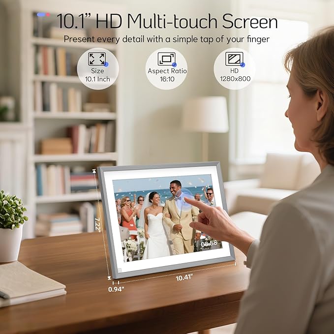 NexFoto 10.1” Digital Picture Frame 64GB, HD Touchscreen WiFi Electronic Photo Frame, Share Photos/Videos via APP/USB, Add Pics from Google Photos, Gift for Christmas/Mom/Grandparents, Silver