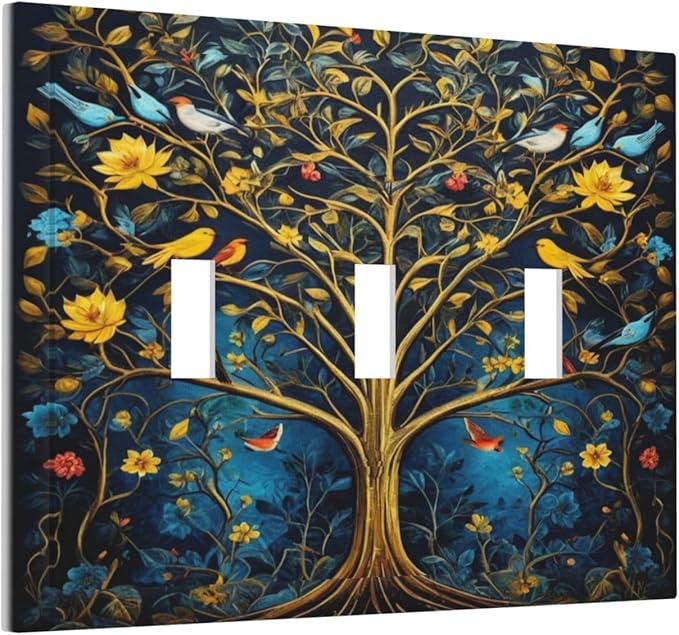 Gold Tree With Birds Flowers on Branches Light Switch Covers 3 Gang Triple Toggle Wall Plate Decorative Switchplate Electrical Faceplate for Farmhouse Living Decor