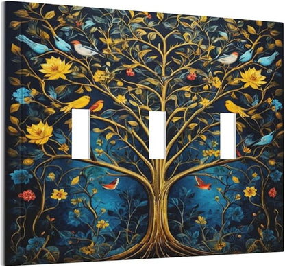 Gold Tree With Birds Flowers on Branches Light Switch Covers 3 Gang Triple Toggle Wall Plate Decorative Switchplate Electrical Faceplate for Farmhouse Living Decor