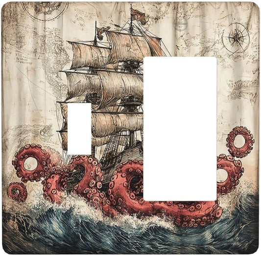 Outlet Covers Vintage Octopus Ocean Sailboat Bizarre Adventure 1 Toggle 1 Rocker Combination Decorative Wall Plate Light Switch Cover Plate Electrical Switch Plates for Bathroom Kids room Decor