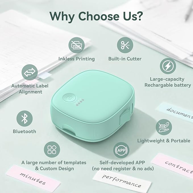 Mini Label Maker Machine with Tape – Portable Bluetooth Mini Label Printer, Wireless Thermal Label Maker, Waterproof & Rechargeable, Built-in Cutter, for Home, Office, School, Kitchen – Green