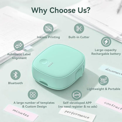 Mini Label Maker Machine with Tape – Portable Bluetooth Mini Label Printer, Wireless Thermal Label Maker, Waterproof & Rechargeable, Built-in Cutter, for Home, Office, School, Kitchen – Green