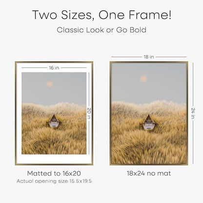 Homeforia Picture 18x24 Bronze Frame, High End Metal 18x24 Brass Poster Frames with Mat 16x20 for Photo, 18 x 24 Frame Matted to 16 x 20 Print, 24x18 Hanging Frames, Tempered Glass, Wall Kit, Set of 2