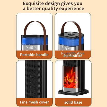 Space Heater Indoor, 25" 1500W PTC Ceramic Heater with atomization and humidification function, 3 Modes, 3D Flame, 12H Timer, 45° Oscillating, with Remote, Tower Heater for Office Bedroom