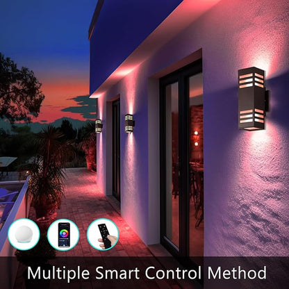 Modern Outdoor Wall Lights, Up and Down Color Changing Porch Lights,Cylinder Lights Outdoor Wall Sconce,Bronze Exterior Lighting Fixture Compatible with Smart Life & Tuya Smart