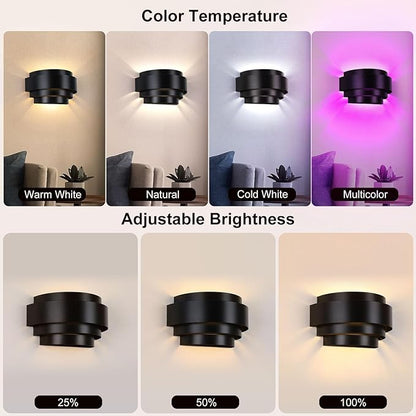 Lightess Wall Sconces Set of 2, Rechargeable Wall Lights with Remote and RGB Bulbs, Black Battery Powered Wall Sconce for Bedroom Living Room Hallway