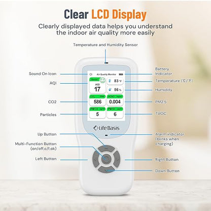 LifeBasis Air Quality Monitor Indoor, 10-in-1 Air Quality Detector with Stand, Real-Time Air Meter Test AQI, PM1.0, PM2.5, PM10, CO2, TVOC, HCHO, Particles, Temperature and Humidity with Alert -White