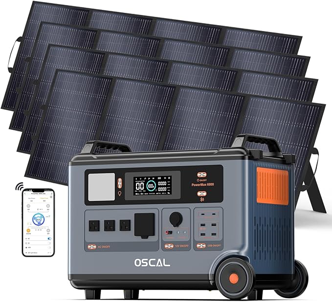OSCAL 6000W Solar Generator with 4x500W Solar Panel,120V/240V Dual Voltage 3600WH Lifepo4 Battery Promax6000 Portable Power Station with 14 Outlets,2200W 1.96H Fast Charge,for Home Backup.