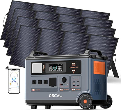 OSCAL 6000W Solar Generator with 4x500W Solar Panel,120V/240V Dual Voltage 3600WH Lifepo4 Battery Promax6000 Portable Power Station with 14 Outlets,2200W 1.96H Fast Charge,for Home Backup.