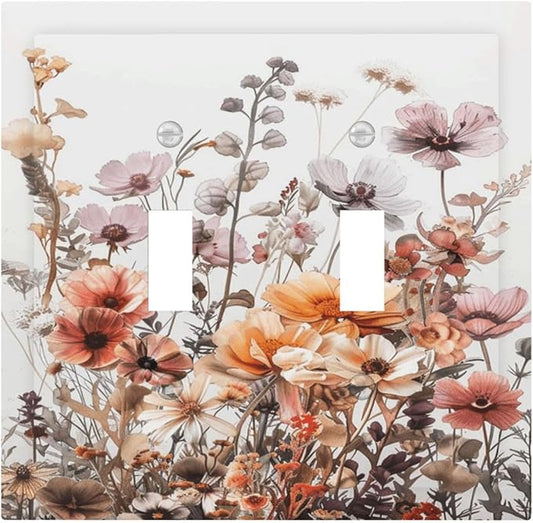 Boho Nursery Wildflower Flora Vintage Flower Decorative Switch Plates 2 Gang Double Toggle Outlet Light Switch Cover Wall Plate Electrical Faceplate for Bedroom Living Room Decor