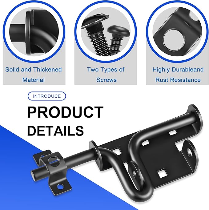 Heavy Duty Slide Bolt Gate Latch with Padlock Hole - Universal Security Lock for Wooden Fence, Metal Gate, Shed Door, Yard Barn, Vinyl Sliding Door - Out/Indoor Waterproof Door Latch, Black