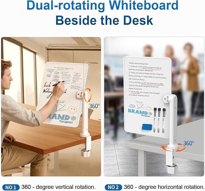 Double-Sided Desk Whiteboard with Dual 360° Swivel - 16" x 12" Clamp-On Desktop Whiteboard for Tables Under 2.3" Thick for Office, Home, School(1pc)