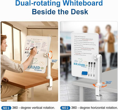 Double-Sided Desk Whiteboard with Dual 360° Swivel - 16" x 12" Clamp-On Desktop Whiteboard for Tables Under 2.3" Thick for Office, Home, School(1pc)