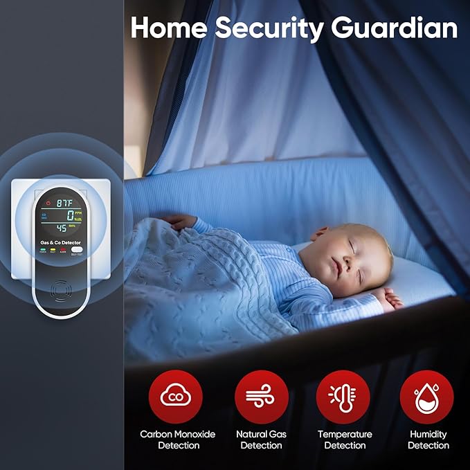 4 in 1 Upgraded Natural Gas Leak Detector and Carbon Monoxide Detectors, Dual Sensor Gas Leak Detector & Carbon Monoxide Detectors Plug in (Temperature & Humidity) for Home, RV (Black)