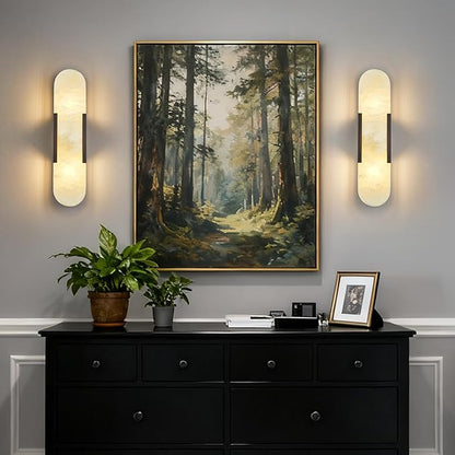 Alabaster Wall Sconces Set of Two, Modern Natural Marble Wall Sconces for Indoor Lighting, 19.7 in Black Wall Lights for Bathroom Dining Room Stairs Bedroom