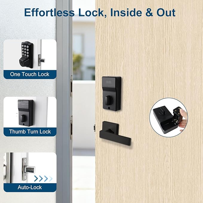 Fingerprint Smart Door Lock, Keyless Door Lock with Handle, Built-in WiFi Keypad Deadbolt Set for Front Door, Waterproof Smart Electronic Deadbolt, App Remote Control, Easy to Install Matte Black