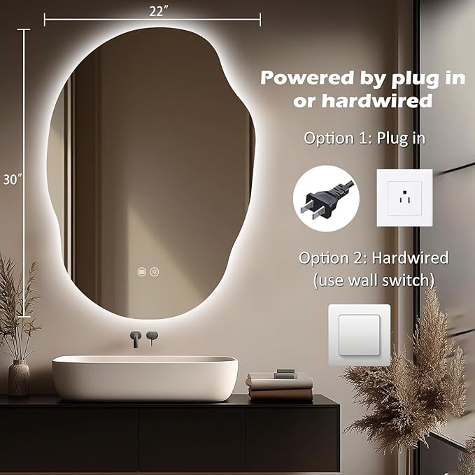 LED Mirror for Bathroom 22x30 in, Stepless Dimmable Irregular Backlit Mirror with 3 Colors, Anti-Fog, Memory, Al-Alloy Lampshade, Frameless Vanity Mirror for Bathroom (Horizontal/Vertical)