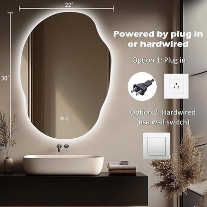 LED Mirror for Bathroom 22x30 in, Stepless Dimmable Irregular Backlit Mirror with 3 Colors, Anti-Fog, Memory, Al-Alloy Lampshade, Frameless Vanity Mirror for Bathroom (Horizontal/Vertical)