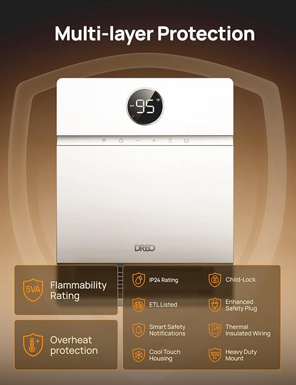 Dreo Smart Wall Heater, IP24 Electric PTC Space Heaters for Indoor Use, 30° Oscillation, Adjustable Thermostat, Remote Control, Works with Alexa, 24H Timer, Easy-mounted for Office, Bedroom, Home