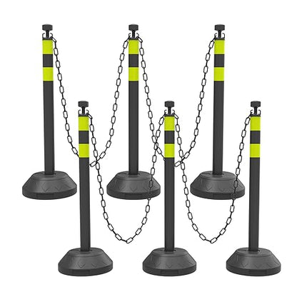 6 Pack Traffic Delineator Post Cones with Plastic Chain Crowd Control Barriers - Expandable 40" Traffic Control Cones, 6 x 6.6 Ft Chains for Indoor & Outdoor Use (Black-Water Filled Base)