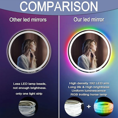 20 inches Round LED Bathroom Mirror, Wall Mounted, Front Lights (3 Colors) & RGB Backlit, Anti-Fog, Smart Light up, Circle Mirror, 20Inch Vanity Mirror, Rainbow