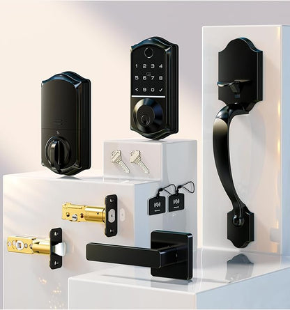 Veise VE017-H Fingerprint Smart Front Door Lock Set, App Control, Keyless Entry Deadbolt with Handle, Smart Deadbolt, Emergency Power Port, Touchscreen Keypad, Auto Lock, Easy Install, Matte Black