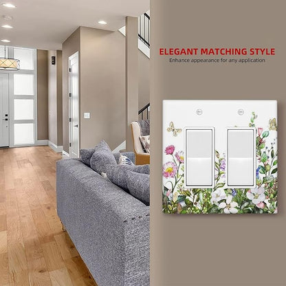 Decorative Outlet Covers Rustic Green Leaf Pink Flowers Butterfly 2 Gang Wall Plate Double Rocker Two Switch Wall Cover Plate Light Switch Cover Plate Faceplate for Country Bedroom Decor
