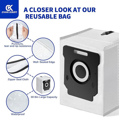 Reusable Vacuum Bags for All iRobot Roomba I & S & J Series Clean Base, 3 Pack, Zipper (New Version)
