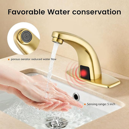 Touchless Bathroom Sink Faucet，Automatic Motion Sensor Faucets with Deck Plate for Commercial Lavatory Gold Plated