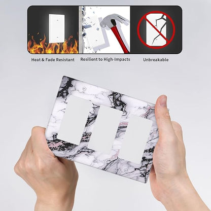 Light Switch Covers White Marble Pattern Black Lines Pink Lines 3 Gang Rocker Electrical GFCI Decorative Triple Outlet Wall Plate Cover Switchplate for living Room Office Decor