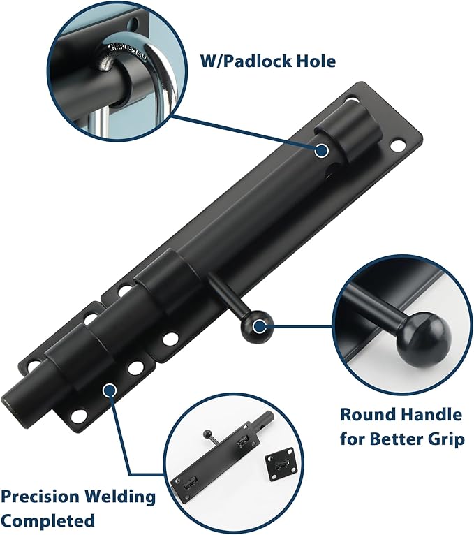 Alise 6 inch Barrel Bolt Latch, Slide Bolt Latch, Heavy Duty Solid SUS304 Stainless Steel Slide Lock for Wooden Fence,Barn Door,Interior or Outdoor Door Matte Black MST8060-B