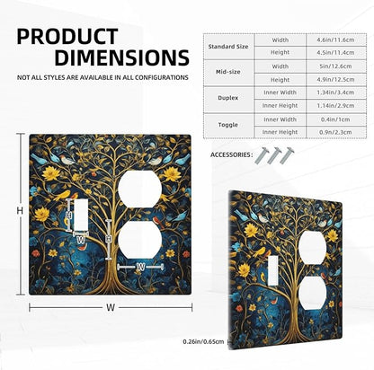 Decorative Outlet Covers Gold Tree of Life Blue Bird Yellow Flower 2 Gang Wall Plate Single Toggle Duplex Light Switch Cover Switch Plate Covers Faceplate for Bedroom Home Decor