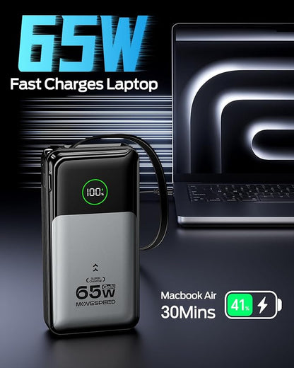 MOVE SPEED Portable Charger Laptop Power Bank 20000mAh 65W, Travel Essentials Battery Pack with Built-in Retractable USB-C Cable & Wall Plug, for MacBook/iPhone 17/16/15/iPad/Galaxy/Dell/HP and More