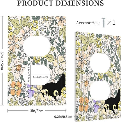 Decorative Outlet Covers Cute Black Cat in a Flower Patch Botanical Garden 1 Gang Duplex Light Switch Cover Plate Wall Plates Switch Plate Cover for Bedroom Home Decor（2 Pack）