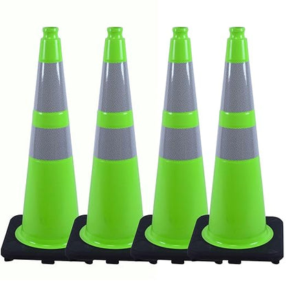BESEA 4PCS 28" inch Traffic Cones Green Safety Cones with 6 inch & 4inch Reflective Collar for Construction Driveway Road Parking Stopper