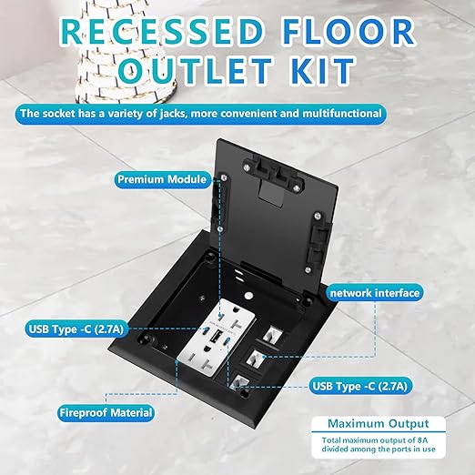 KYHSHJ Recessed Flat Hidden Socket Kit with 2 * 20A Receptacle，8A 1 USB-A Ports &2 USB-C Port+3-Port RJ45 Datacom Receptacle. Internal Height Adjustable，Corrosive Resistant Hardware (Black)