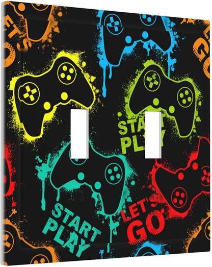 Decorative Light Switch Plate Covers Gamepad Theme Graffiti 2 Gang Light Switch Cover Unique Double Toggle Wall Plate Outlet Covers for Game Room Home Decor （2 Pack）