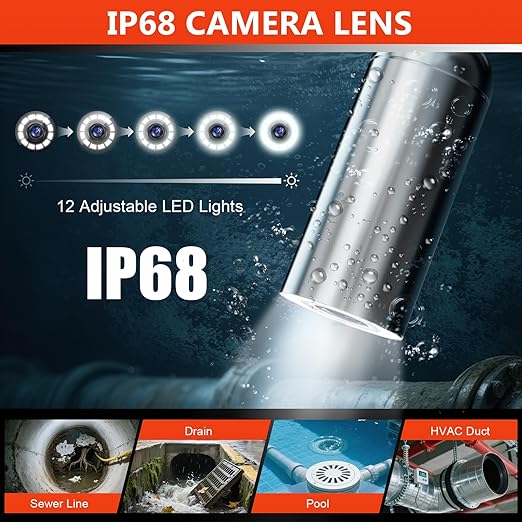 Sewer Camera, Self-Leveling Drain Camera 66 ft with Distance Counter, 9" 1080P HD Plumbing Cameras Snake with 12 LED Lights, IP68 & 32GB DVR, Industrial Endoscope for Duct Sewer Line Pipe Inspection