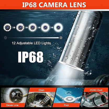 Sewer Camera, Self-Leveling Drain Camera 66 ft with Distance Counter, 9" 1080P HD Plumbing Cameras Snake with 12 LED Lights, IP68 & 32GB DVR, Industrial Endoscope for Duct Sewer Line Pipe Inspection