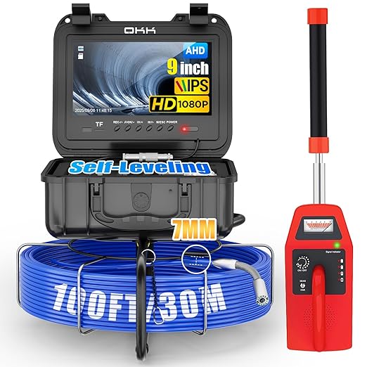 Okk Sewer Camera with Locator, Drain Camera 100ft, Pipe Inspection with 512Hz Sonde, Self-Leveling, Industrial Endoscope with DVR, 9" LCD, Meter Counter, 7mm Cable, IP68 Waterproof, 12 LEDs, 32GB Card