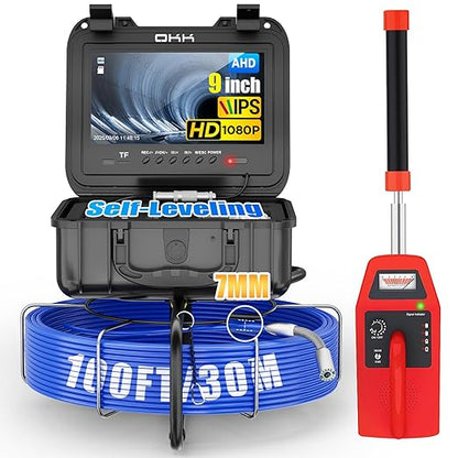 Okk Sewer Camera with Locator, Drain Camera 100ft, Pipe Inspection with 512Hz Sonde, Self-Leveling, Industrial Endoscope with DVR, 9" LCD, Meter Counter, 7mm Cable, IP68 Waterproof, 12 LEDs, 32GB Card