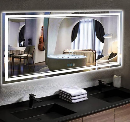 60 x 30 Inch Bathroom Lighted Vanity Mirror with Lights Large 60 Inch LED Mirror for Bathroom 3 Color Double Lights Dimmable Antifog Horizontal Vertical 60" Smart Light up Wall Mirrors