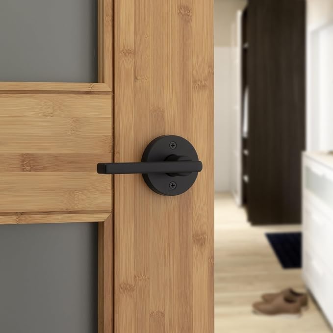 Kwikset Halifax Interior Privacy Door Handle with Lock, Round Lever for Bathroom and Bedroom, Matte Black Reversible Keyless Push Button Lock Door Lever, with Microban Protection