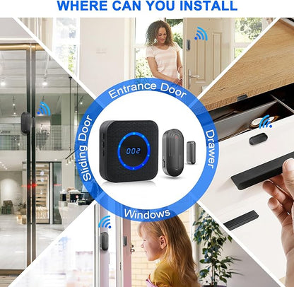 Door Chime SanJie Wireless Door Sensor for Business Home Office When Entering with 800Ft Range 55 Chimes 5 Volume Levels Adjustable Number Display (2 Receiver & 2 Sensor)