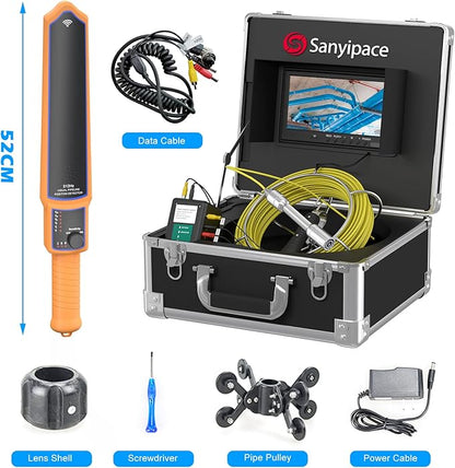 Sanyipace Sewer Camera with Locator 100 FT/30 M, Drain Pipe Inspection Camera with Detector, Waterproof Cámara Probe w/h 512Hz Transmitter, Distance Counter, 9" Color Screen, 16GB TF Card, 5mm Cable