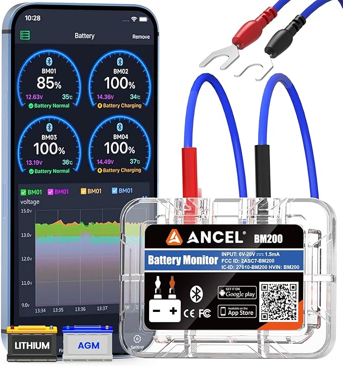 ANCEL BM200 Blue-US Battery Monitor 12V Automotive Bluetooth Auto Battery Load Tester with Cranking Charging Test Alarm Record Voltage History Voltmeter for Car (Blue Version)